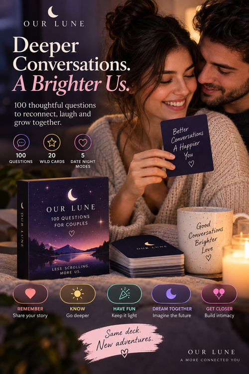 Our Lune 100 Questions for Couples deck box with couple
