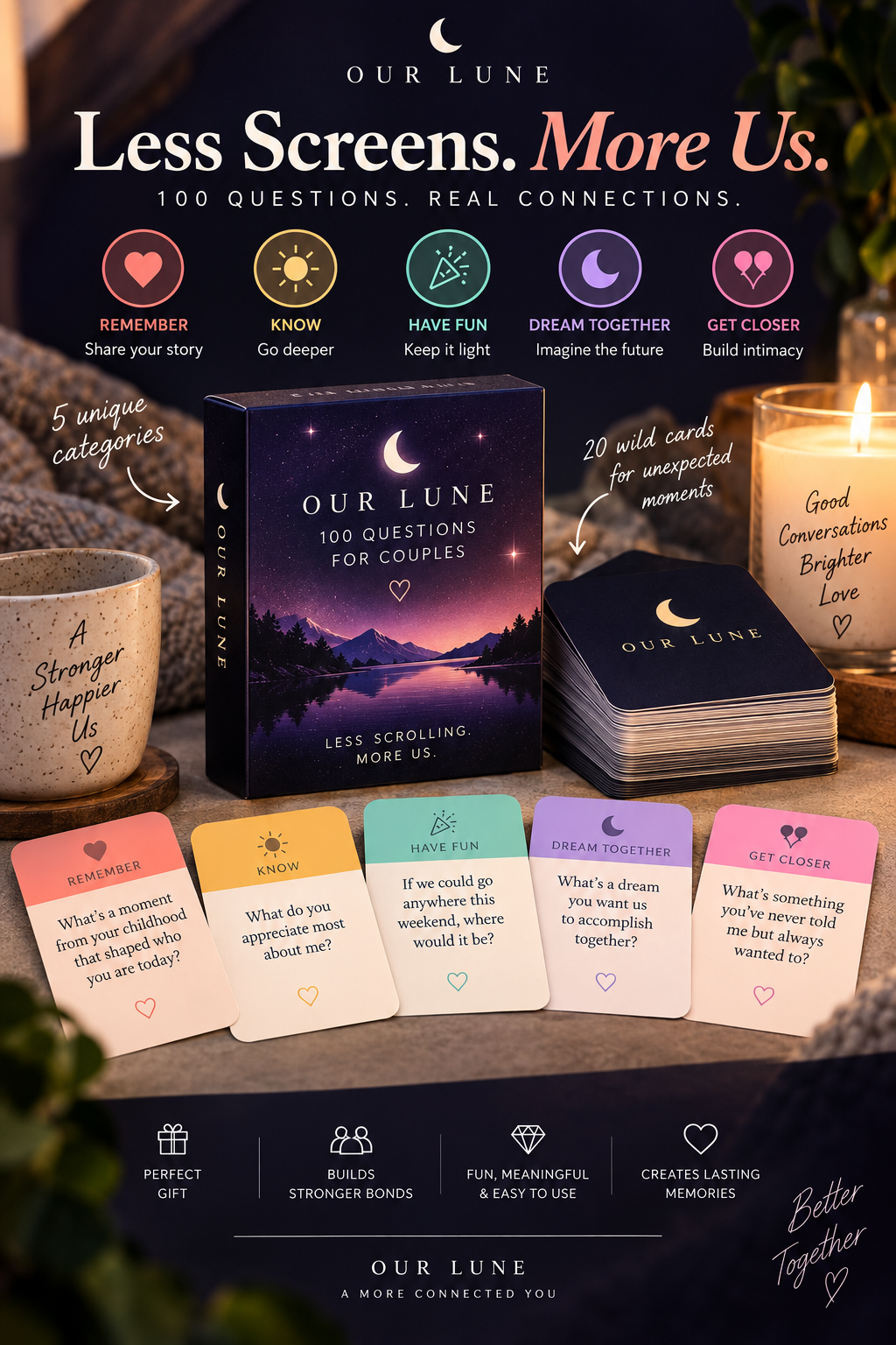 Our Lune deck box, cards, and category overview